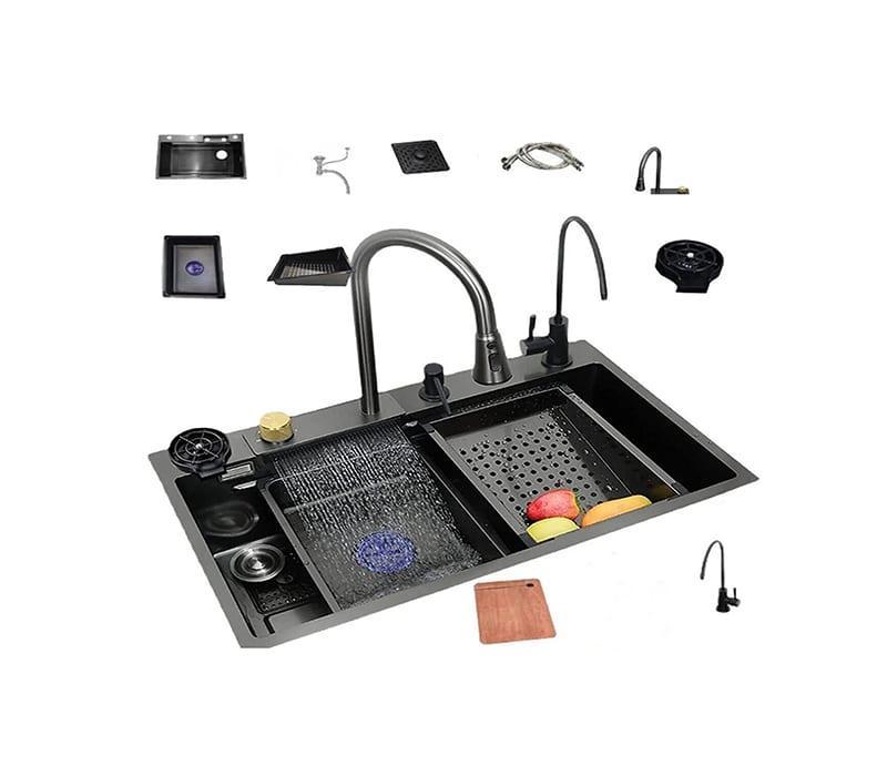 Teknolojik Akıllı Eviye Seti Siyah Şelale Eviye 3 Fonksiyonlu Bataryası Dahil