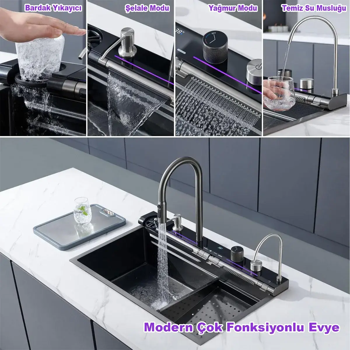 Teknolojik Akıllı Eviye Seti Siyah Şelale Eviye 3 Fonksiyonlu Bataryası Dahil